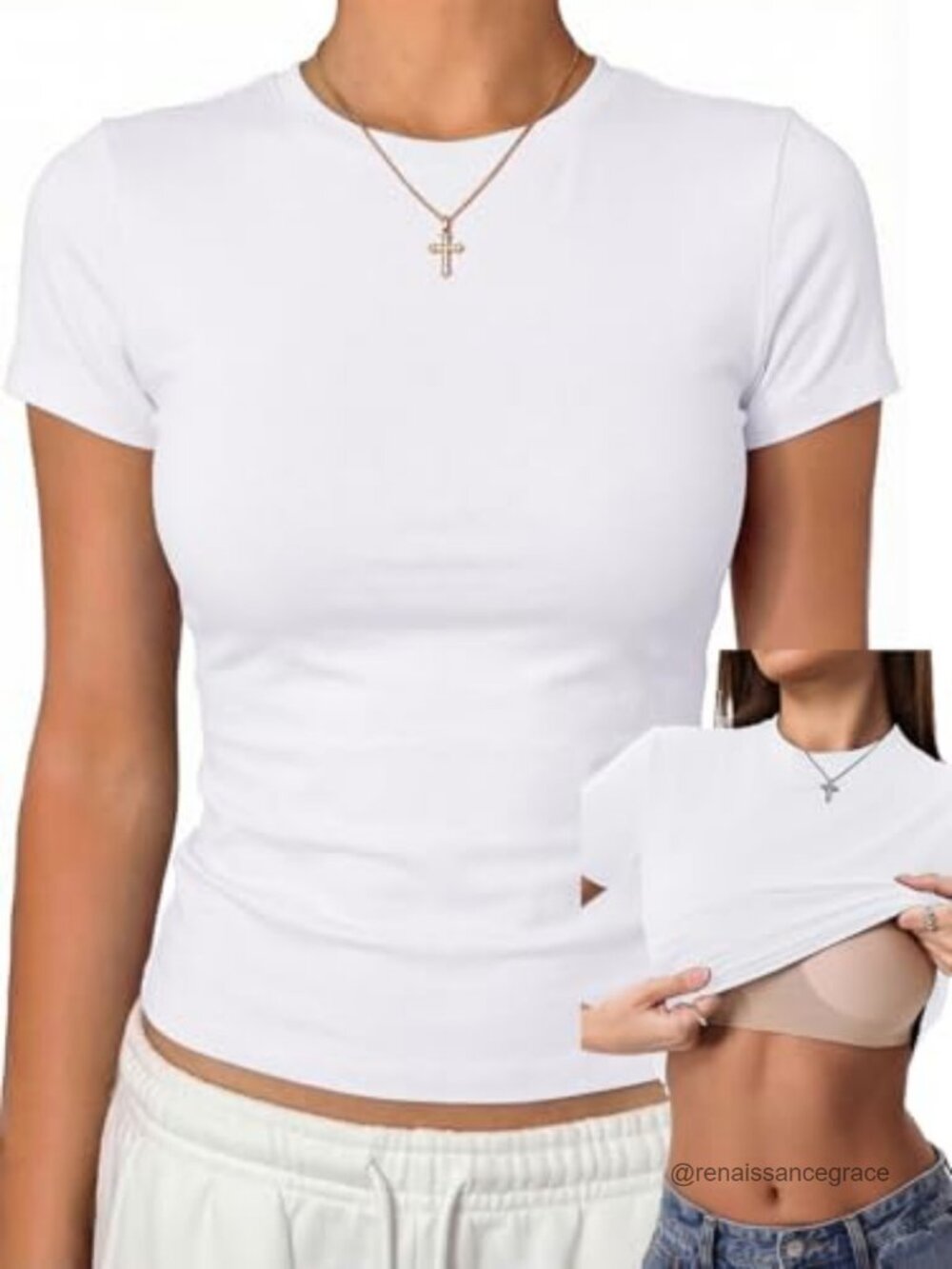 Womens Cotton Spandex Fitted Crop T Shirt with Built in Bra Short Sleeve